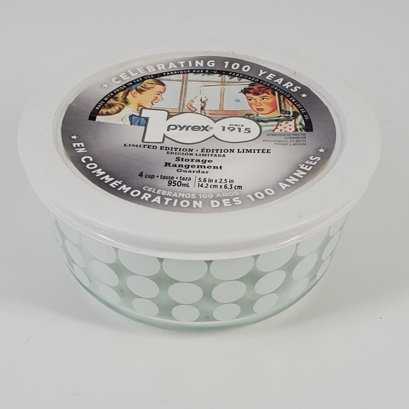 Pyrex 100th Anniversary White Polka Dot 4 cup bowl Glass container NEW - Picture 1 of 6